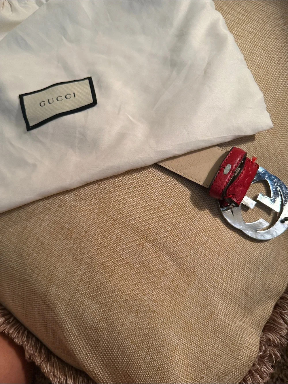 GUCCI WOMENS RED BELT SZ 85 Embossed GG BELT worn twice!Excellent. Dust bag too!